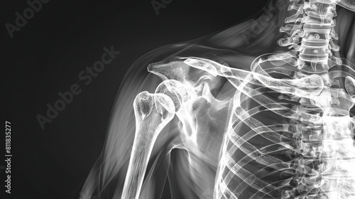 An Xray illustrating the stresses on an athlete s shoulder joint, with detailed visibility of the vertebrae, perfect for evaluating sportsrelated injuries photo