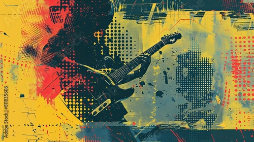 Vibrant yellow and blue backdrop with a detailed guitar painting