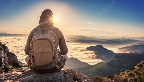 sunset in the mountains. a man in the mountains  sitting on the peak and watching the sunset meditating on the beauty of nature.