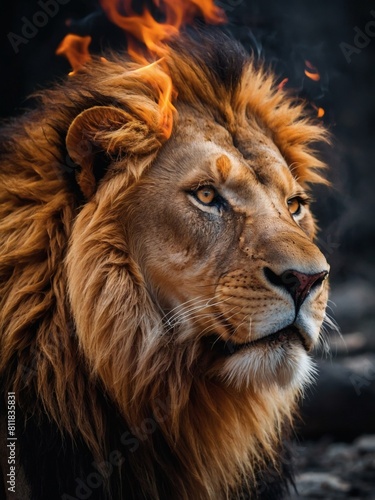 Intense gaze of a lion engulfed in flames, portrayed in a striking portrait.