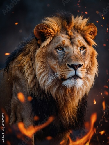 Intense gaze of a lion engulfed in flames  portrayed in a striking portrait.