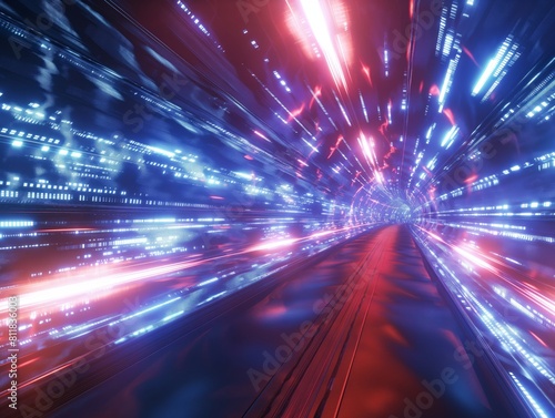 Abstract concept of a data tunnel with light trails representing high-speed information transfer.