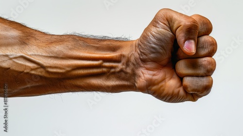 Closeup of an arm with the forearm showing  on a white background and a muscular man s hand forming a fist  in the style of a real photo  stock photography  with high resolution.