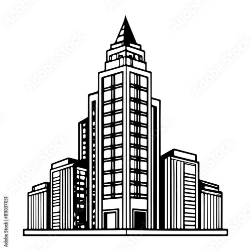 Skyscraper with surrounding buildings, showcasing the architecture and grandeur of urban landscapes. vector illustration against white background 