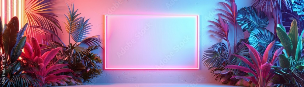 A neon sign with a white frame is surrounded by a lush green jungle A neon sign with a white frame is surrounded by a lush green jungle