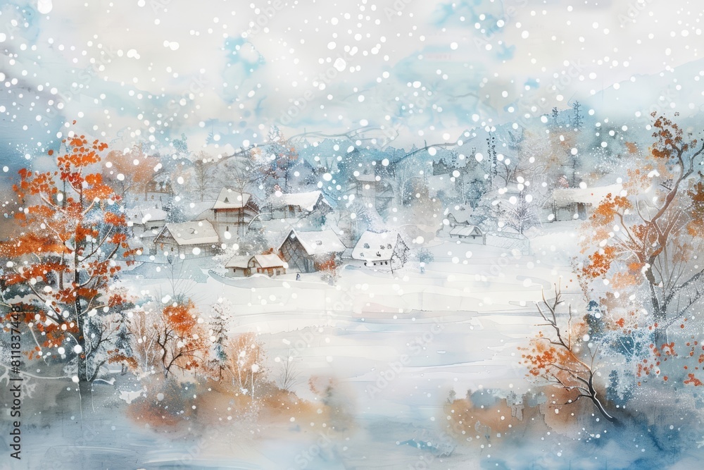 A beautiful watercolor scene of a quiet village snowfall, each flake delicately painted, isolated with a white background