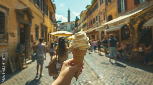 Enjoying the refreshing taste of gelato while wandering the cobbled streets of Rome Italy during a hot summer day exploring historic sites and vibrant photo