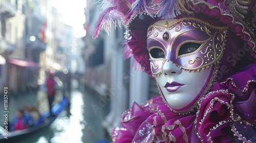 Enjoying the colorful spectacle of the summer carnival in Venice with elaborate masks and costumes gondolas and canals creating a magical atmosphere.Ba