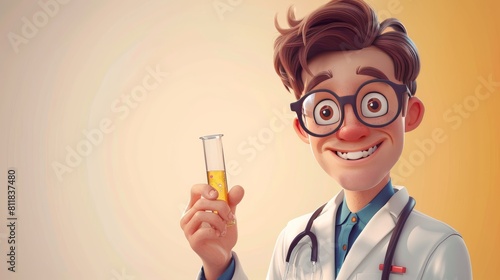 Funny cartoon doctor holding a test tube with a liquid in it.
