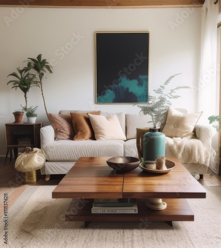 modern living room with beige sofa and wooden coffee table  boho interior design