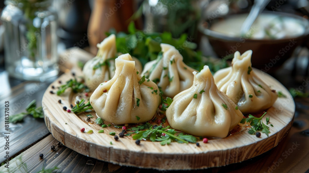 Delicious Georgian dumplings called khinkali are plated on a wooden platter filled with luscious herbs. Delicious Georgian dumplings called khinkali are plated on a wooden platter filled with luscious herbs.