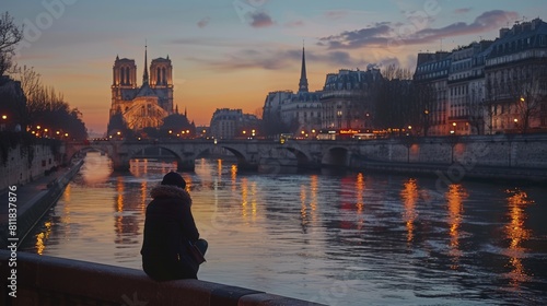 Enjoying a quiet moment by the Seine River in Paris with views of the Notre-Dame Cathedral and historic bridges connecting the citys Rive Gauche and Ri photo