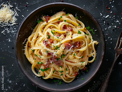 A bowl of pasta with bacon and parmesan.