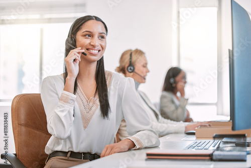 Call center, talking and headset of woman, smile and friendly for customer service, team and tech support. Office, working and b2b for telemarketing, help and consulting for company, people or agent
