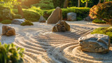 Zen stones on raked sand with circular patterns