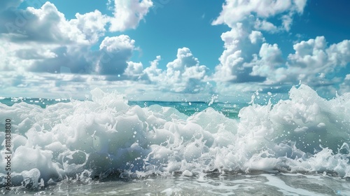 sea waves rolling and splashing over water surface against cloudy blue sky