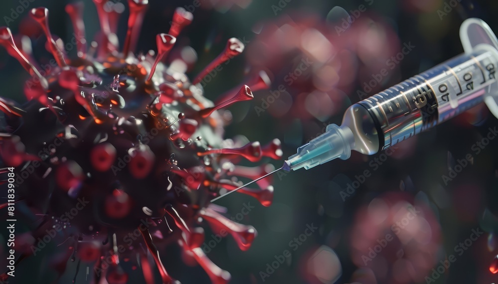 A dynamic 3D animation showcasing a syringe delivering a powerful virus vaccine catches the eye, Sharpen banner template with copy space on center A dynamic 3D animation showcasing a syringe delivering a powerful virus vaccine catches the eye, Sharpen banner template with copy space on center