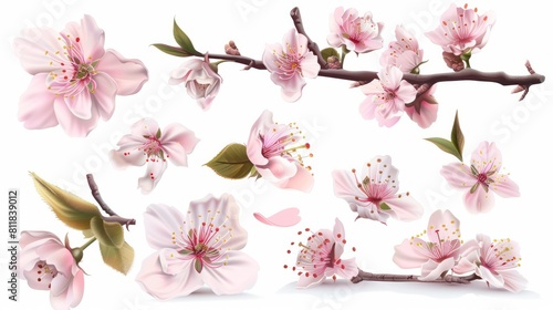 A group of realistic spring sakura cherry blossom flowers. Pink petals and blossoms  branches and leaves are included in this vector set. 