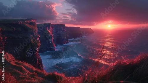 Admiring the sunset over the Cliffs of Moher in Ireland where the Atlantic Ocean meets rugged cliffs creating a dramatic and breathtaking landscape.Bas photo