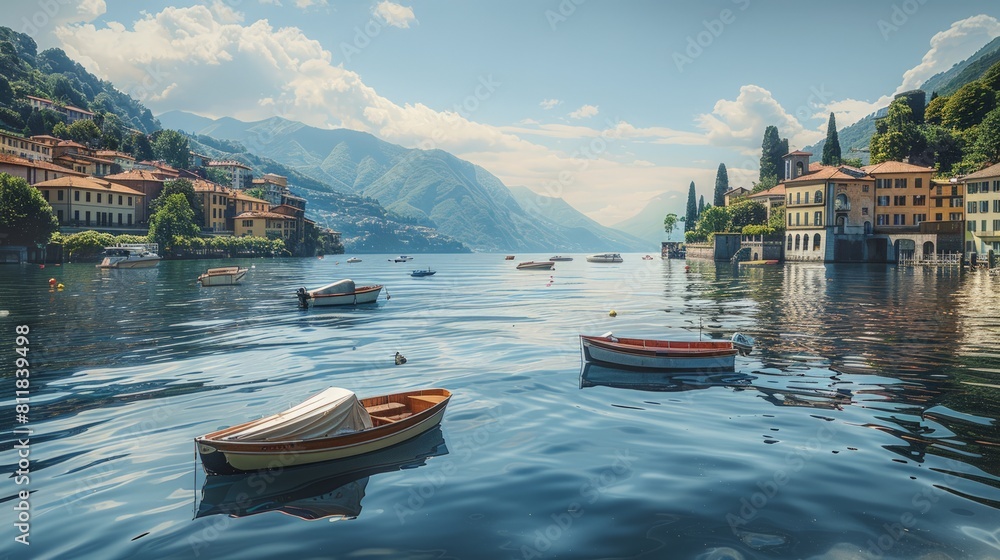 A quiet afternoon at Lake Como Italy with luxury villas dotting the shoreline and small boats drifting peacefully on the calm waters under a clear blue
