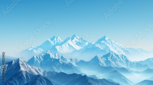 Snow-covered mountain range under a clear blue sky  serene winter landscape 