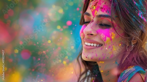 A woman celebrates Holi, a vibrant festival, by playfully splashing color on a canvas.