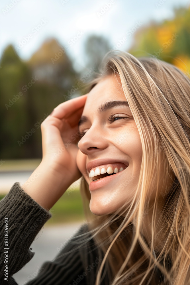 Fototapeta premium Portrait of a charming young beautiful girl with long hair posing outodoor. Warm sunlight through lights her hair and face. Happy lifestyle.