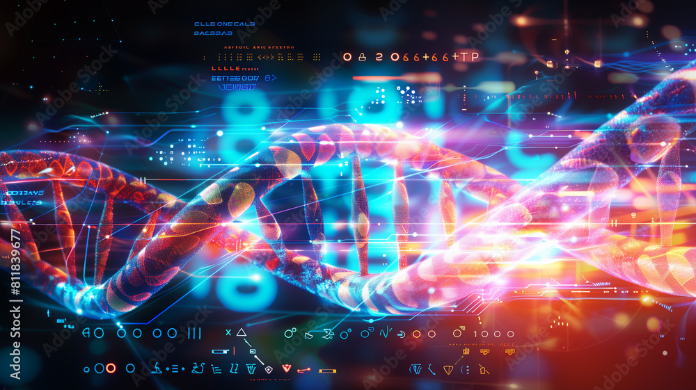 Fototapeta premium close up view of a dna double helix, rotating DNA glowing molecule on blue background