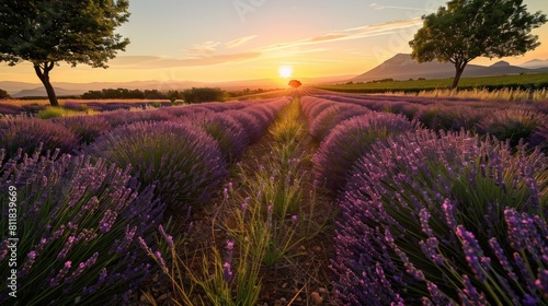 A morning walk through the lavender fields of Provence France with the purple blooms stretching towards the horizon. The air is filled with the calming