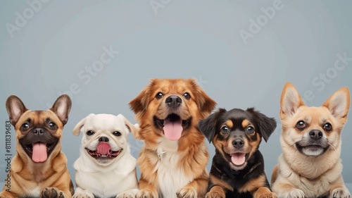  A group of cute puppies of different breeds on blue background