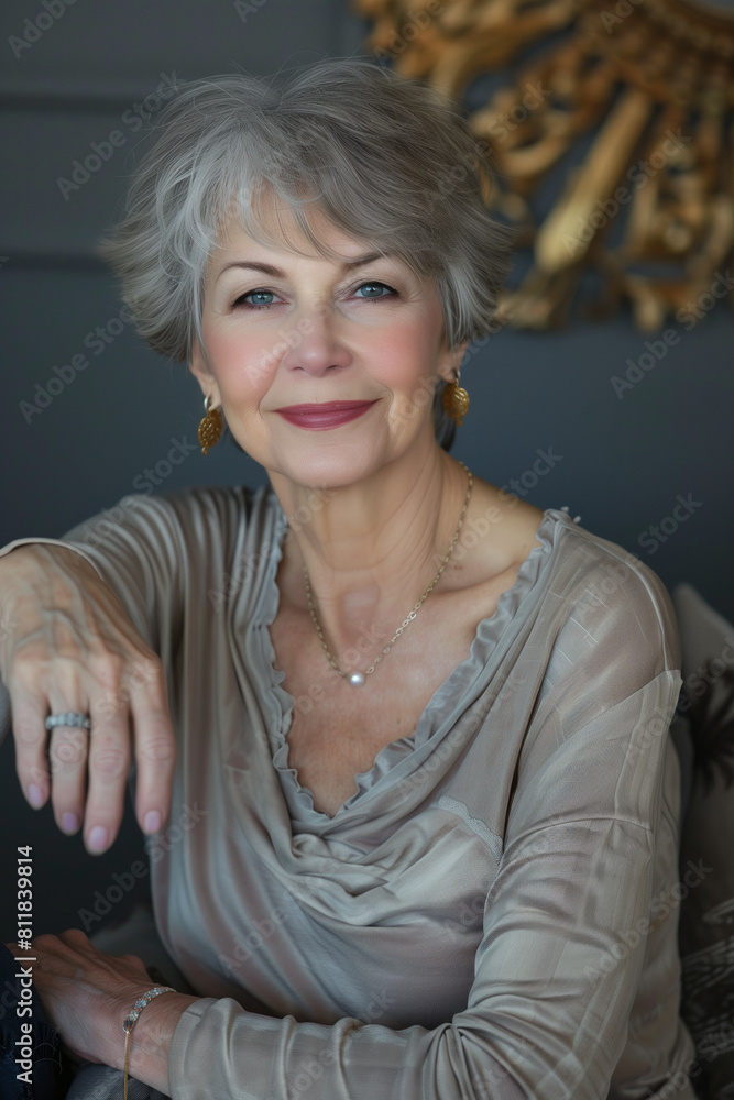 A captivating image of a mature woman with a short, stylish gray haircut, her smile conveying a confidence that transcends age. A captivating image of a mature woman with a short, stylish gray haircut, her smile conveying a confidence that transcends age.