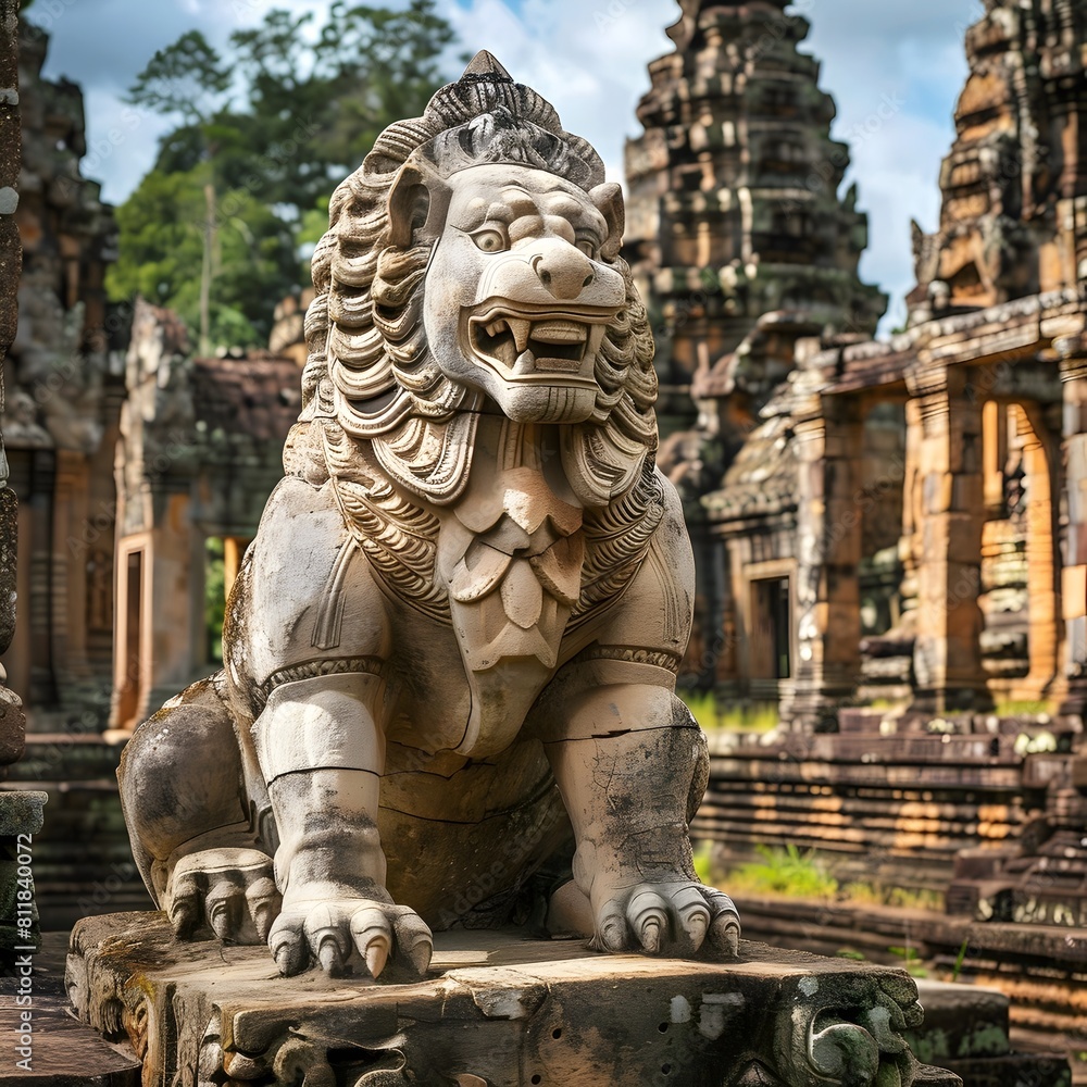 Majestic Fierce Lion Statue Standing Guard at Ancient Stone Temple Ruins