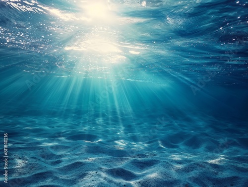 Sunbeams piercing through the clear blue water, illuminating the ocean floor.