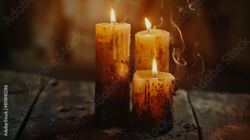 Lighted candles of yellow and orange colors on the table create mystic atmosphere