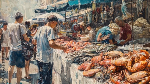 A bustling seafood market by the harbor with vendors selling fresh fish crabs and shellfish. Shoppers inspect the catch of the day and boats are docked