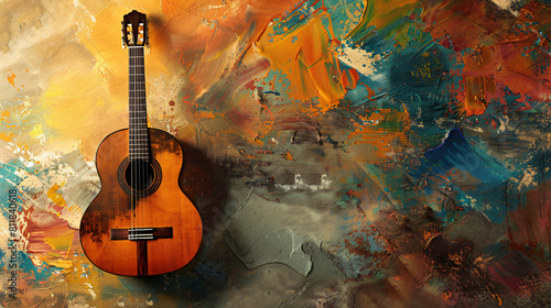 Acoustic guitar on color background