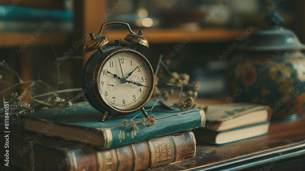 Alarm clock and books on table closeup