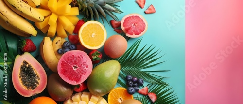 A vibrant collection of tropical fruits arranged in a creative flat lay template  showcasing natures palette  with solid background and copy space on center