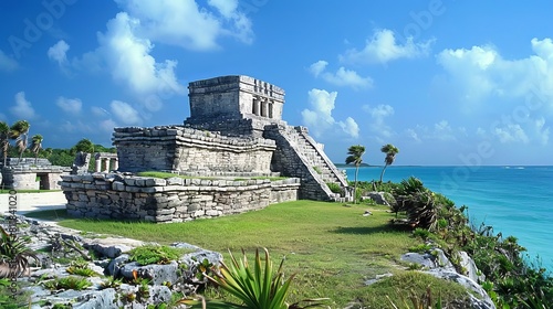 The Mayan ruins tower over the sea in Tulum photo