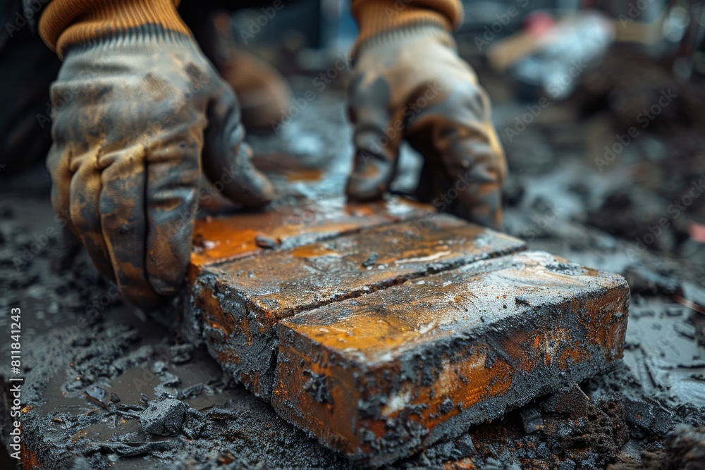A manual worker aligns a brick on wet mortar, emphasizing the careful work in masonry and construction A manual worker aligns a brick on wet mortar, emphasizing the careful work in masonry and construction