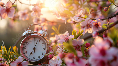 Alarm clock on table in blossoming garden. Concept