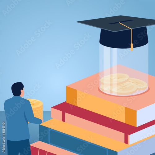 A man carrying coins towards a piggy bank with a graduation cap on top of a book, illustration for educational investment.