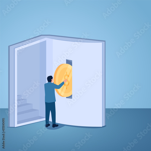 A man puts coins into a book and there is a ladder next to him, illustration for educational investment.