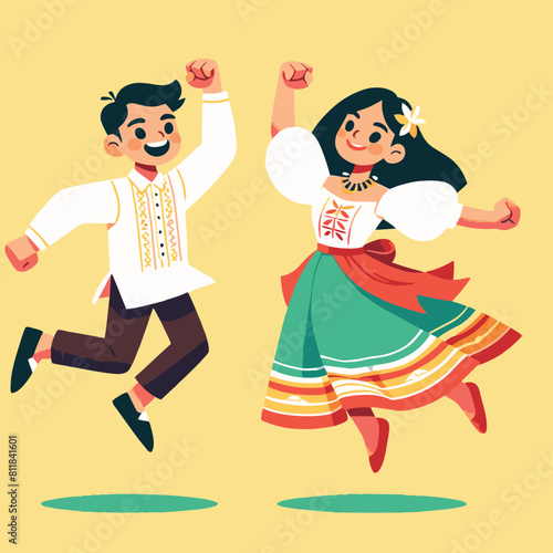 Cartoon of Filipino children wearing traditional Filipino clothes jumping for joy