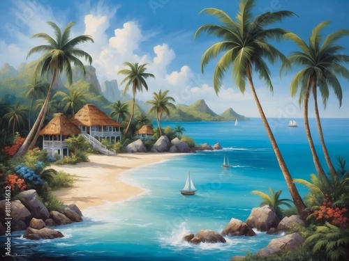 Island Dreams  Hand-Painted Canvas of Picturesque Tropical Setting with Palm Trees
