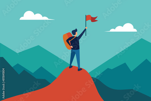 A traveler man on top of a mountain with a backpack and a flag triumphantly raised his hand and looking on valley. The concept of travel, hikes, discoveries, exploration, adventure tourism and travel