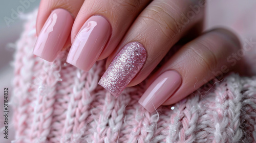 Long  pink fingernails with a touch of sparkle.