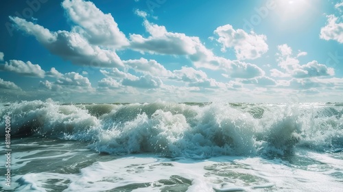 sea waves rolling and splashing over water surface against cloudy blue sky