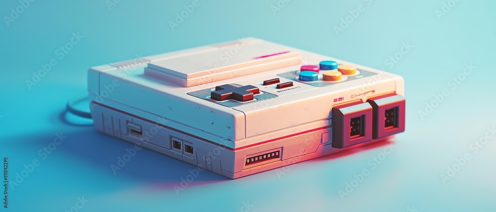 Classic video game console with colorful pixel art games, flat design, side view, gaming nostalgia theme Classic video game console with colorful pixel art games, flat design, side view, gaming nostalgia theme
