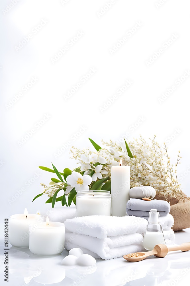  Spa background towel bathroom white luxury concept massage candle bath. Bathroom white wellness spa background towel relax aromatherapy flower accessory Zen therapy aroma beauty setting table salt oi